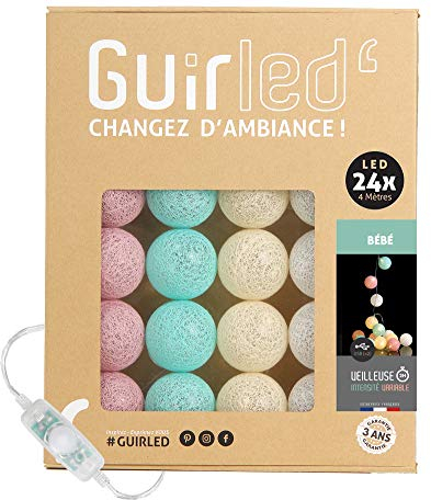 GuirLED - LED Baumwollkugeln Lichterkette USB - Baby Nachtlicht 2h - Dual USB 2A Netzteil enthalten - 3 Intensitäten - 24 Kugeln 2.4m - Baby