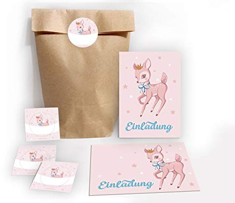 JuNa-Experten 12 Einladungskarten zum Kindergeburtstag Mädchen Bambi incl. 12 Umschläge, 12 Tüten/natur, 12 Aufkleber