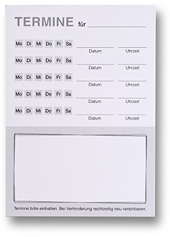 Terminblock für Arztpraxen, Friseure, Kosmetik, Fußpflege, uvm.|DIN A7 Hoch-Format | Bis zu 5 Termine|100 Blatt je Block