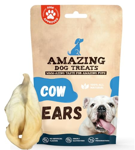 Amazing Dog Treats - Cow Ears for Dogs - Full Size (12 Pack) - Thick-Cut 100% Beef - All Natural Rawhide Alternative- Safe No Hide Dog Chew