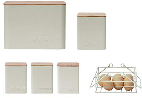 6PC Rectangular Kitchen Storage Set: Bread Bin, Biscuit Tin, Egg Basket and Tea, Coffee & Sugar Canister Set - Matt Cream - Embossed Lettering Design.