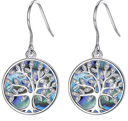 CELESTIA Tree of Life Earrings for Women Girls, 925 Sterling Silver Mother of Pearl Abalone Shell Life Tree Dangle Earrings, Fine Jewellery Gifts for Hers