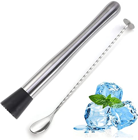 Bogoro Cuchara para Mezclar,Cucharas De Mezcla Acero,Cuchara Mixta de Coctel,Larga Cuchara de Mezcla,Mortero de Cóctel de Acero,Inoxidable Cóctel Muddler para Mojitos, Juleps de Menta