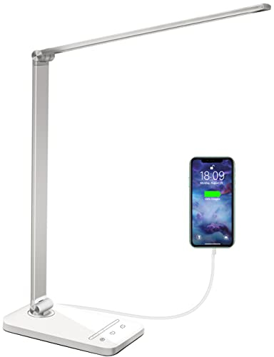 whicow Schreibtischlampe LED Tischlampe für Büro Zimmer 5 Lichtfarben und 6 Helligkeitsstufen dimmbar Memory-Funktion USB-Anschluss für Lesen, Augenschonende, Touchscreen Schreibtischlampen