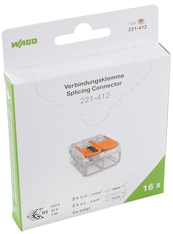 WAGO Verbindungsklemmen 221-412 | 2-polig, bis 4 mm², COMPACT Kabelverbinder mit Hebel für alle Leiterarten weltweit, bestätigte Anwendungssicherheit, 16 Stück