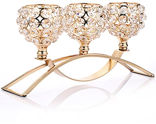 SUMNACON Golden Kristall Kerzenständer 3-Arm-Kristallschalen Kerzenhalter Teelicht Dekorativer Kandelaber Kerzenhalter für Weihnachten Halloween Hochzeit Abendessen Zuhause Büro