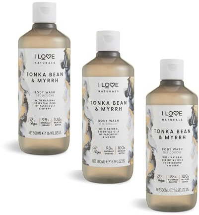 I Love Naturals Tonka Bean & Myrrh Nourishing Body Wash - Patchouli & Myrrh Oils, Gentle Cleanser with Essential Oils, Vegan, Moisturising & Scented for Silky Smooth Skin 2 x 500ml