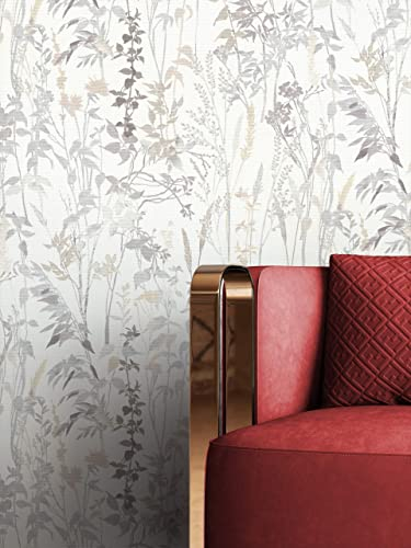 Newroom Tapete Weiß Vliestapete Blumen - Blumentapete Floral Grau Beige Blätter Zweige Romantisch inkl. Tapezier-Ratgeber