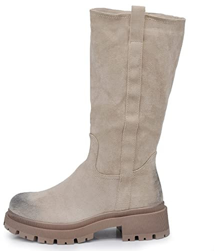 IF FASHION Stivali Stivaletti al Polpaccio Biker Scamosciato Da Donna Platform 6632 Beige N.40