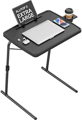 Allpop X Adjustable TV Tray Table - TV Dinner Tray with Book Stand, Device Slot & Cup Holder, Black