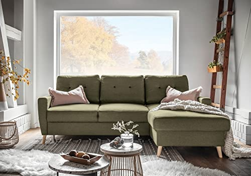 MIUFORM Ecksofa mit Schlaffunktion | Friendly Lars | Wohnladschaft Couch Schlafcouch Wohnzimmer Gästezimmer | Holzfüße (Beige, Rechts ausgerichtet)