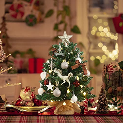 Mini albero di Natale da tavolo da 19,68 pollici con luce a LED, cima dell'albero di stelle, palline di ornamenti, layout di scena del festival della decorazione dell'albero di Natale per gli ornament