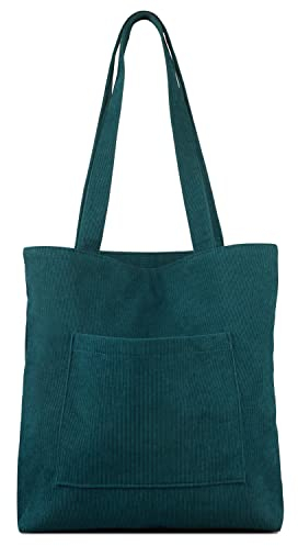 Kememo Corduroy Tote Bag with Zip, Shoulder Bag Women's Hobos Handbags Large Capacity Shopping Bag with Inner Pocket, Green