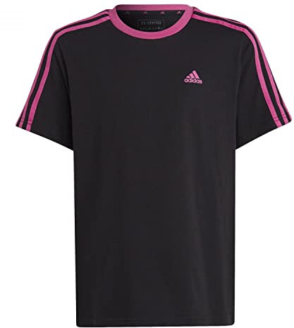 adidas Bambina Essentials 3-Stripes Cotton Loose Fit Boyfriend Tee, Black/Semi Lucid Fuchsia, 14-15 Years