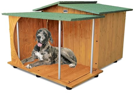 ORIGINAL LEGNO Hundehütten Hundehaus Hundehöhle mit Veranda Aus Massiv Holz Echtholz Geshenk THERMOVORHANG Made in Italy Mod. Oasi E - Deutsche Dogge 121x133xH87