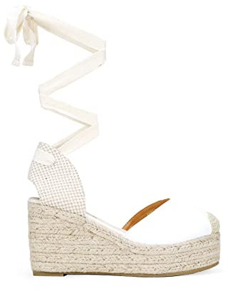BOSANOVA Alpargatas confeccionadas en Piel Vegana con Detalle de Escote corazón, Puntera en Rafia y cuña de Rafia de 9 cm. Cierre con Cordones Lace- up. Calzado para Mujer Blanco 37