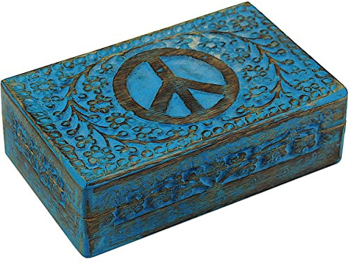 Craft&Style Deko Schatulle Kästchen Box Schachtel Kiste Dose aus Holz mit Deckel | Peace türkis | L x B x H: 13 x 20 x 6 cm