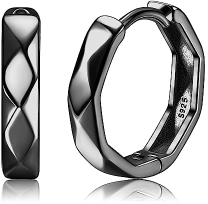 KRFY Creolen Silber 925 für Herren Damen Klein Leichter Ohrringe Creolen Rhombus Förmigen Schneiden Textur Hochglanzpoliertes Schwarzes Ohrringe Herren Damen Innendurchmesser 15MM