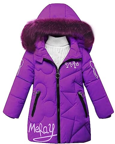 linboo Manteau Fille Doudoune Chaud Veste Hiver Blouson Enfant à Capuche Fourrure mi Long Parka Epaisse Vêtements de Ski, Violet, 7-8 ans