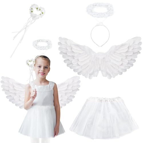 Huahuanghui Juego De Alas De Ángel,Alas de Angel Blancas para Niñas,Disfraz Angel Blancas Niña,Alas de ángel para Halloween Carnaval Cosplay Fiestas de Disfraces
