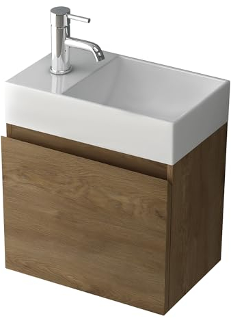 Alpenberger Gäste WC Waschbecken mit Unterschrank 45 cm Breit | Waschtisch Set Klein | Aufsatzwaschbecken Waschtischunterschrank Hängend | Möbel Bademöbel-Set | Waschbeckenunterschrank Eiche