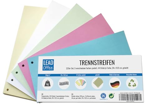 220 Trennstreifen für Ordner A4, Pastellfarben, Trennblätter aus Recycling-Karton Made in Germany, 5 Farben, gelocht
