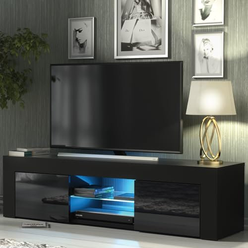 Creative Furniture TV Unit 130cm Black Modern Stand Gloss Doors Free LED, E046
