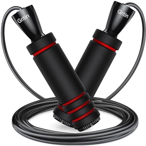 Gritin Springseil, 3 Meter Verstellbare Speed Rope mit Rutschfest & Ergonomisch Schaum Griffe für Fitness & Ausdauer & Seilspringen Training,für Alle Größen & Körpertypen, mit Oxford-Tasche