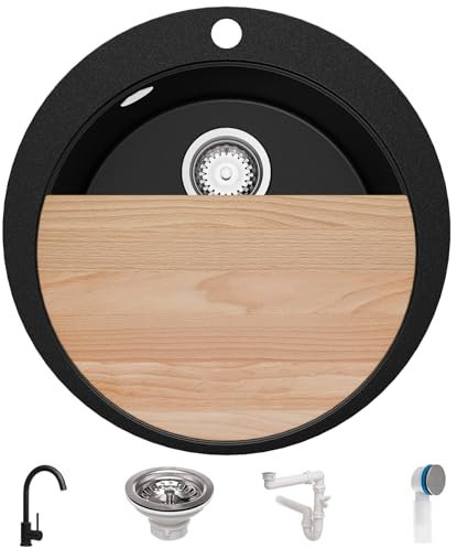 PRIMAGRAN Lavandino Rotondo Nero 53x53cm, Lavello in Granito a 1 vasca + Rubinetto 32x20cm + Set di accessori, Lavabo da Cucina Incasso al mobile 50cm - Pise Max S027