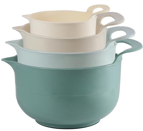 Cheeren Mixing Bowls - 4 Piece Nesting Plastic Mixing Bowl Set with Pour Spouts and Handles - Non Slip Bottom and Measurement Markings (Light Green)