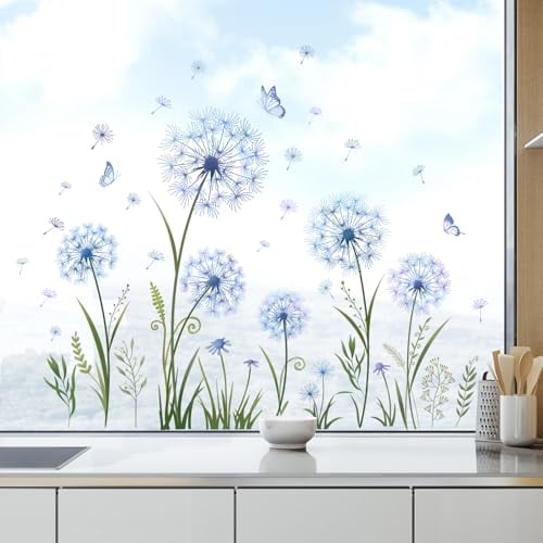 Tanlaby Azul Diente de León Pegatinas de Ventana Mariposa Plantas Pegatinas de Ventana Flores Estática Anti-colisión de Vidrio para Salón Dormitorio Oficina Decoración de Ventanas