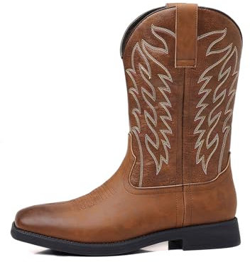 Stivali da Cowboy per Uomo con Punta Quadrata Stivali da Lavoro Usurati Stivali Western Ricamati Stivali Tradizionali da Campagna,caffè,38 EU