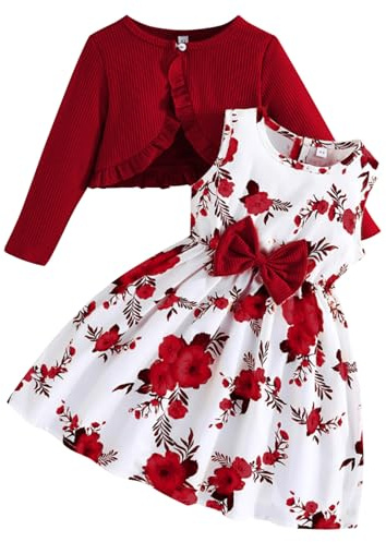 Kunyeah Kleinkind Mädchen Kleid mit Strickjacke Set Kleines Mädchen Blumen ärmelloses Kleid Rüschenmantel Baby Langarm Outfit