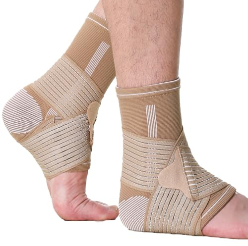 Neotech Care Ankle Brace Support - Elastic & Breathable Fabric - Adjustable Compression Strap - For Men, Women, Youth - Left or Right Foot (Beige Colour, Size L, 1 Pair)