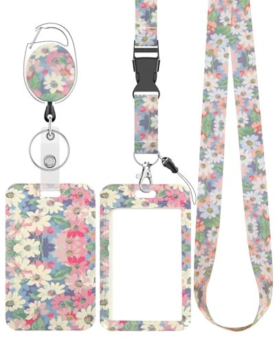 Uniclife Porte Badge Tour de Cou Coulissant Floral Coloré Étui en Plastique de Fleur avec Clip de Mousqueton de Bobine de Badge Rétractable Sangle Longe Détachable Porte Carte Verticale Dure