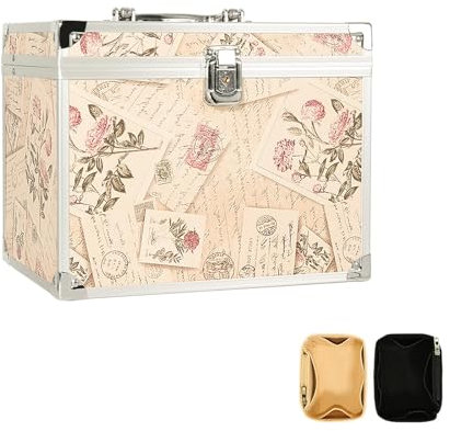 VNIMTI Portable Makeup Box,Vanity Train Case with Mirror,Cosmetic Storage Bag Tray,Large Beauty Nail Box Organiser for Vanity,Lockable Travel Make Up Tools Holder with Key Handle (Retro Stamp - L)