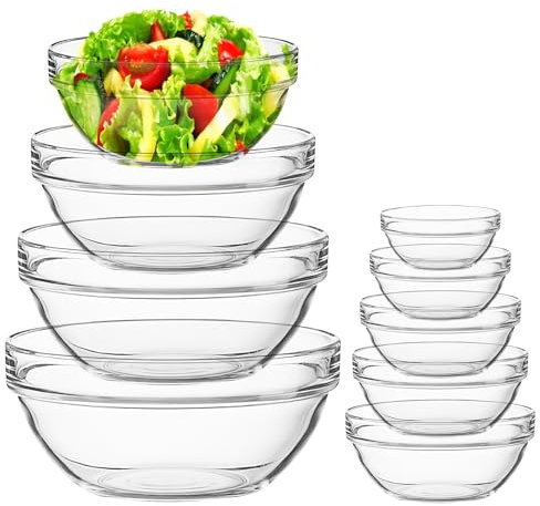 YFNVH Glass Mixing Bowls Set of 9 Salad Nesting Bowls Kitchen Prep Bowl Clear Glass Salad Bowls for Cooking Baking Ice Cream Pasta Cereal Fruits, 35 ml – 2.8 L