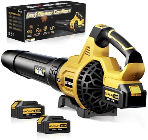 GEVEELIFE Soffiatore elettrico a batteria, 20 V, 257 km/h, con batterie a 3 marce e 2 batterie da 5 Ah, per giardino, foglie, polvere e neve (batteria inclusa), giallo