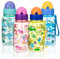 600ml Kids Water Bottle with Straw & Brush, Leakproof Dinosaur Design Children Drinks Bottle with Carry Strap Ideal for School, Sports, Travel, Picnic (Blue)