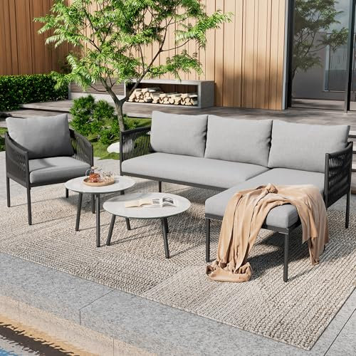 Merax Gartenmöbel-Set 5-teilig Outdoor Lounge Set Für 4 Personen – Ecksofa, Sessel & 2 Couchtische, verzinktes Stahlrohr, Glastischplatte, handgewebtes Seil – Grau