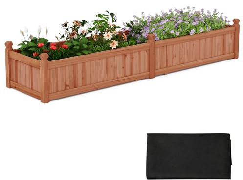 COSTWAY Blumenkasten Hochbeet Holz, Pflanzkasten mit Trennwand, Entwässerungslöchern & Vliesstofffolie, Gartenbeet Pflanzbeet, für Garten Rasen Terrasse Balkon, Tannenholz, 227 x 59,5 x 40 cm (Braun)