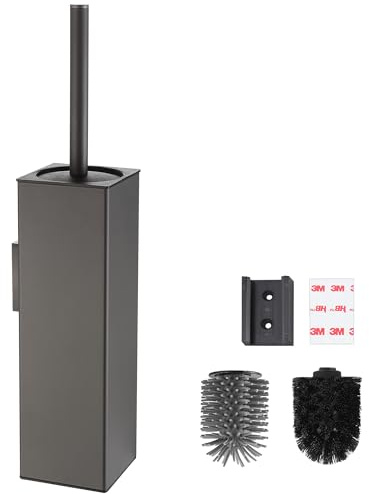 BVL Klobürste Wandmontage Grau, Klobürstenhalter ohne Bohren Metall Inklusive 2 Bürstenköpfe, Toilettenbürste Silikon WC Bürste Eckig