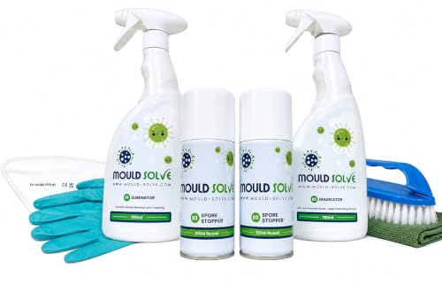Mould Solve First Response Box - Complete Mould Treatment and Saftey Kit. Includes: 2 × 750ml Mould Cleaner & Eradicator Sprays, 2 × Air Sanitiser Aerosols, FFP3 Mask, Gloves, Brush & Cloth.