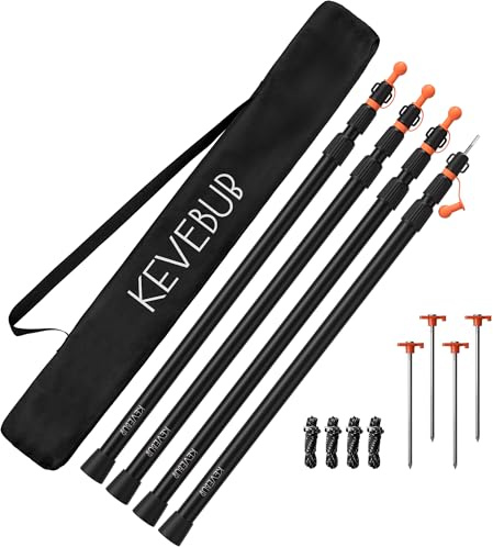 KEVEBUB Barra de Tienda de Campaña y Palos para Toldo, Mástil Telescópico de Aluminio 6063 Robusto (90-230 cm) con Sistema Twist Lock, Punta Anti-Perforación para Camping y Lona - Pack de 4