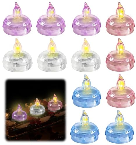 Editbar 12 Stück LED Schwimmkerzen – Wassersensor, Wasserdichte Teelichter mit Batterie, Flammenlose LED Kerzen Teelichter, Schwimmende Deko-Lichter für Badewanne, Party, Hochzeit, Garten und Festival