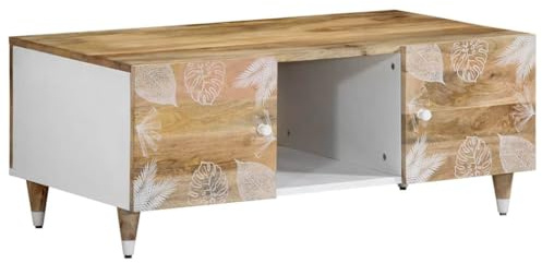 mtlskopl Table basse 100 x 54 x 40 cm en bois de manguier massif laqué blanc pieds 10 cm 2 portes design moderne table basse robuste pour salon chambre à coucher