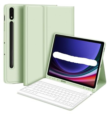 NFQZAWSKX Tragbare Hülle mit Stiftschlitz, magnetische Tastatur-Schutzhülle, geeignet for Samsung Galaxy Tab S8+/S8 Plus 12,4 Zoll(Green+Keyboard)
