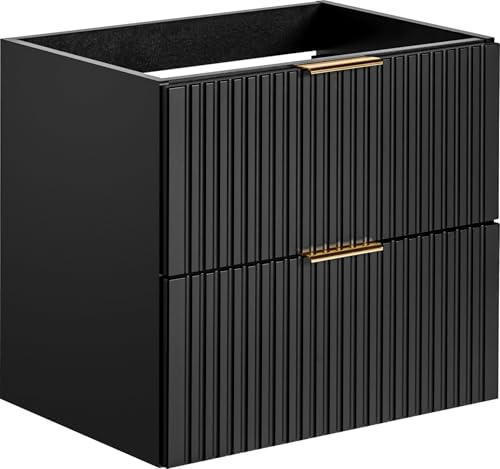 WFL GROUP Waschbeckenunterschrank 60 cm Wandhängend mit Rillenfronten – Soft-Close Schubladen und 3 Griffsets in Gold, Chrom & Schwarz – Geriffelter Waschtischunterschrank in Schwarz