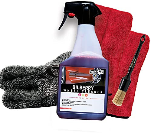 ValetPRO Bilberry Wheel Cleaner 500 ml – Nettoyant concentré pour jantes + pinceau Nuke Guys + 2 gants de précision Nuke Guys + chiffon sec détaillé 1000 g/m²