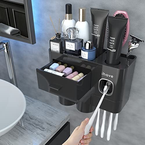 iHave Zahnbürstenhalter Wand,Badezimmer Zahnbürstenhalter mit Zahnpastaspender, 2 Becher Toothbrush Holder mit Schublade, großer Kapazität Zahnbürsten Organizer Badezimmer Schwarz